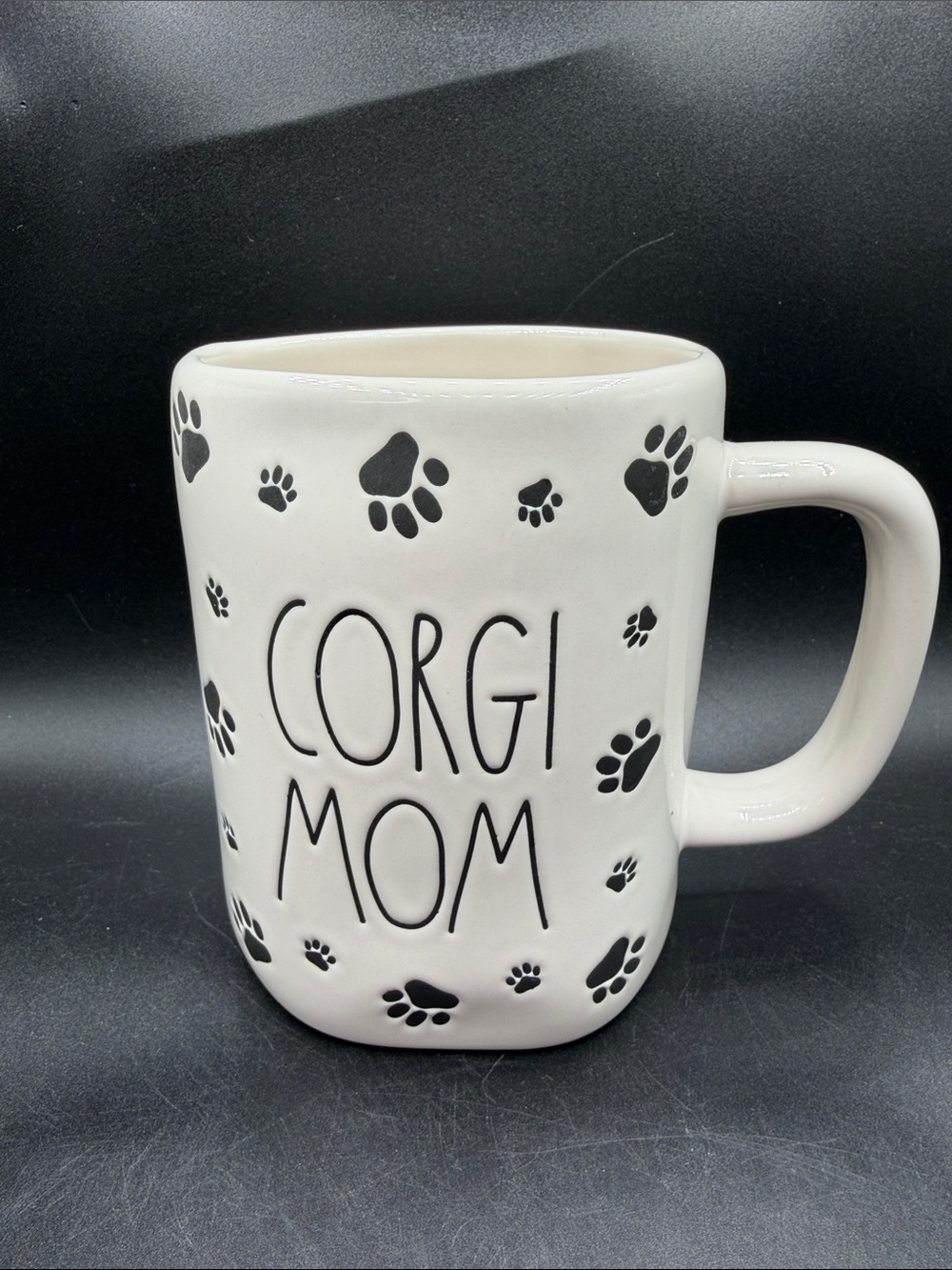 Rae Dunn White "Corgi Mom" Ceramic Mug with Black Paw Prints